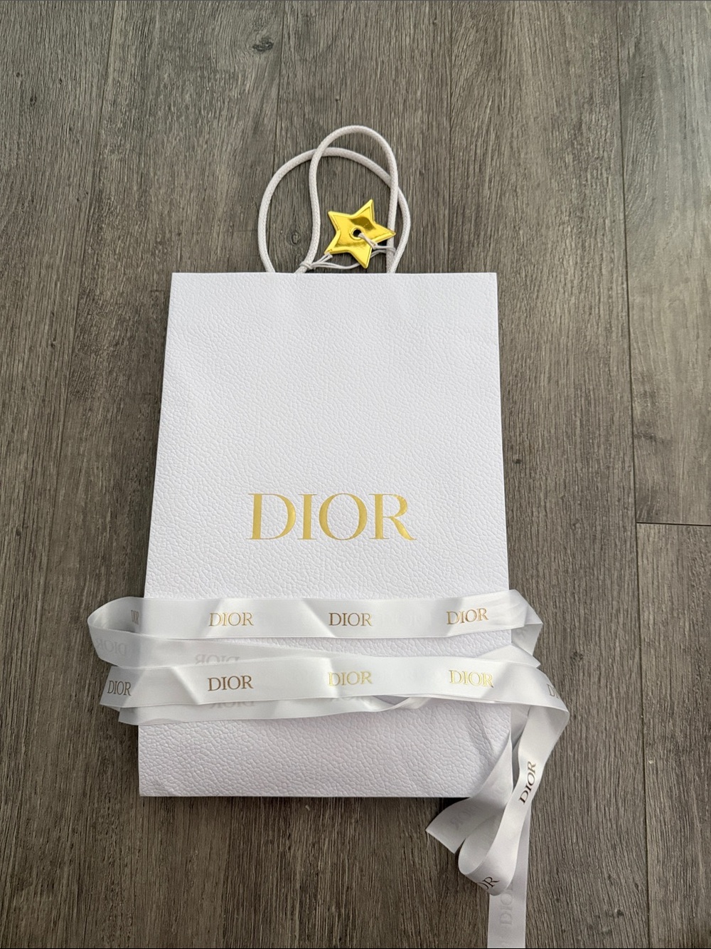 Dior White Paper Tote with Gold Logo and Ribbon Authentic New